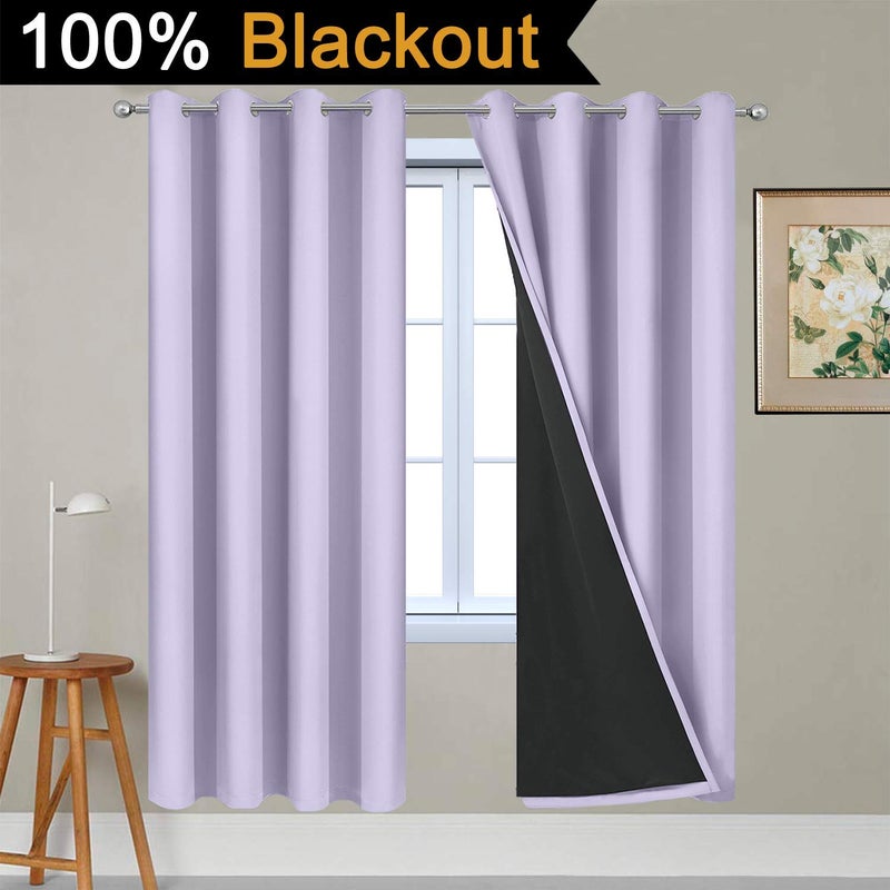 Yakamok Lilac 100% Blackout Lined Curtains, 2 Thick Layers Completely Blackout Window Treatment Thermal Insulated Drapes for Kitchen/Bedroom (1 Pair, 52W x 72L) - Image 2